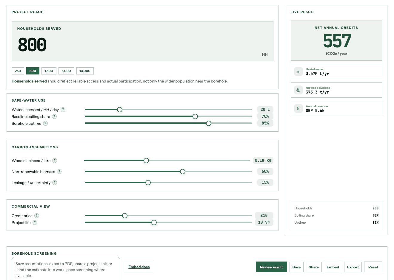 Screenshot of the Borehole Project Calculator in The Carbon Workbench Pro workspace