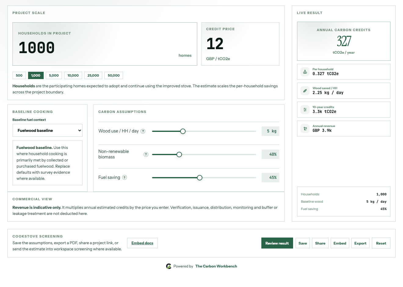 Screenshot of the Cookstove Calculator in The Carbon Workbench Pro workspace