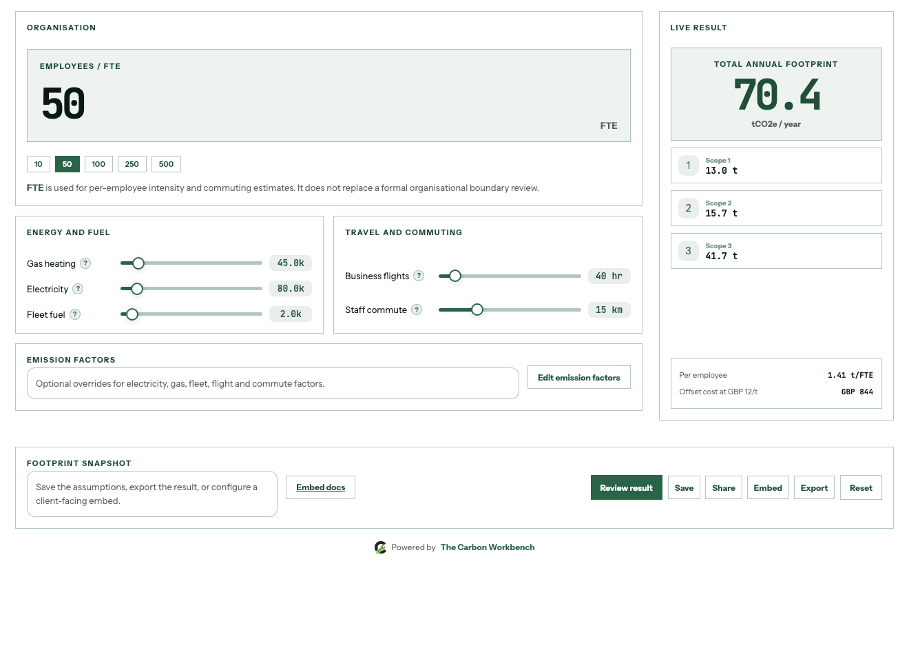 Screenshot of the Business Footprint Calculator in The Carbon Workbench Pro workspace