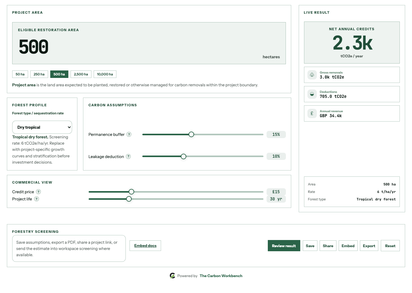 Screenshot of the Forestry ARR Calculator in The Carbon Workbench Pro workspace